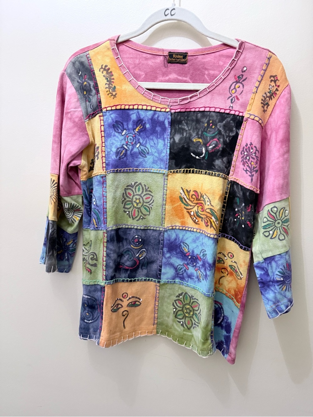 Y2K Rising International Patchwork Colorful Rainbow Symbols 3/4 Top Shirt Boho L